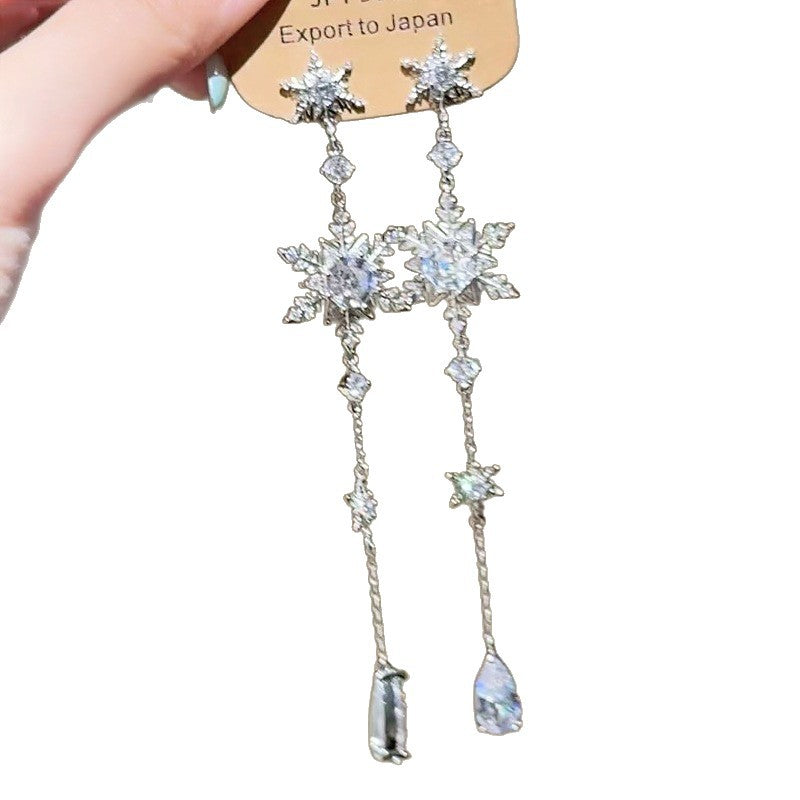 Wholesale Sparkling Zircon Long Snowflake tassel Earrings
