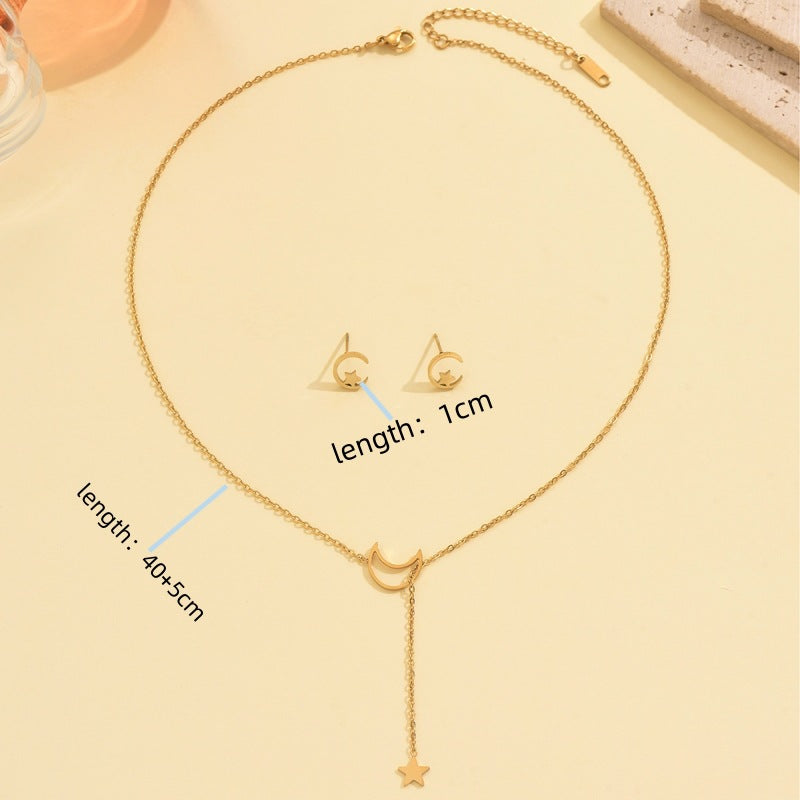 Wholesale Stainless steel moon and star pendant gold necklace and earrings
