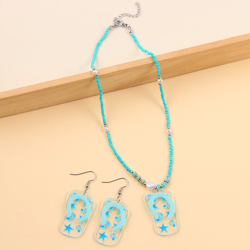 Wholesale Holiday Style Slipper Earrings Beaded Acrylic Necklace Set