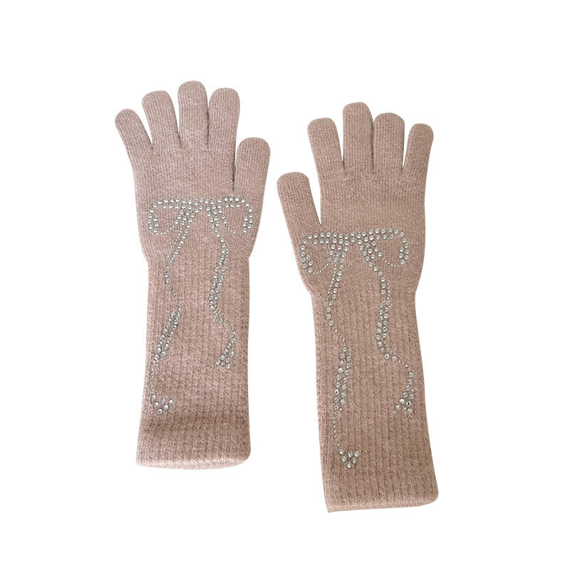 Wholesale Bright Diamond Bow Knit Long Touch Screen Warm Split Finger Gloves