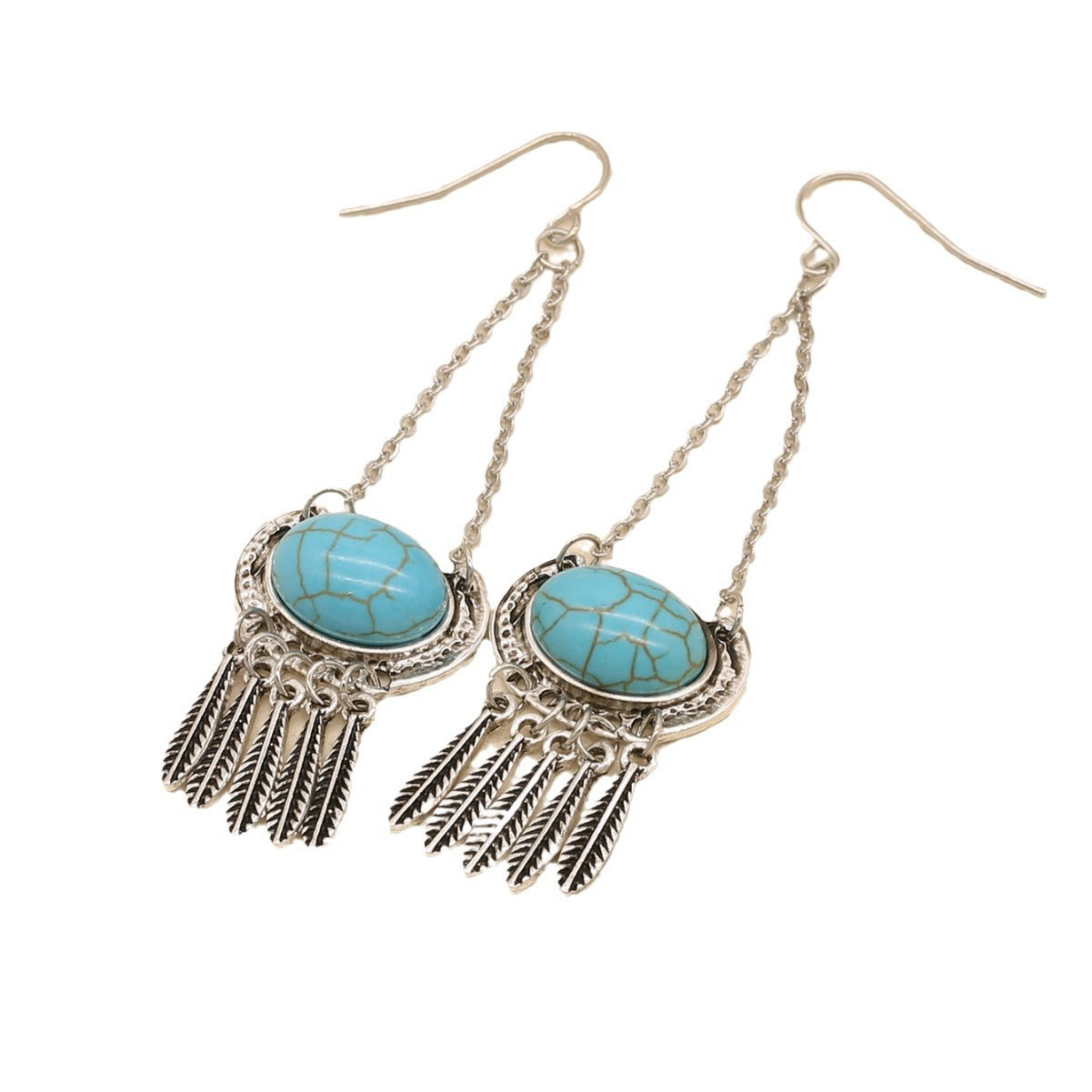 Wholesale Tassel long turquoise feather shaped pendant earrings