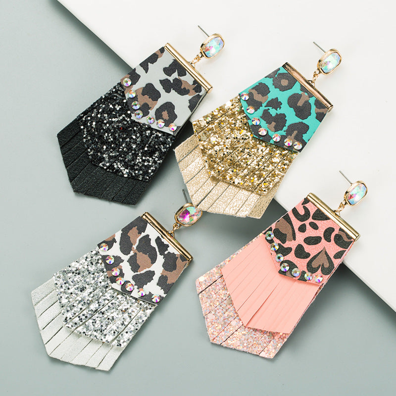 Wholesale Exaggerated leopard leather earrings with diamond tassels double-layer earrings