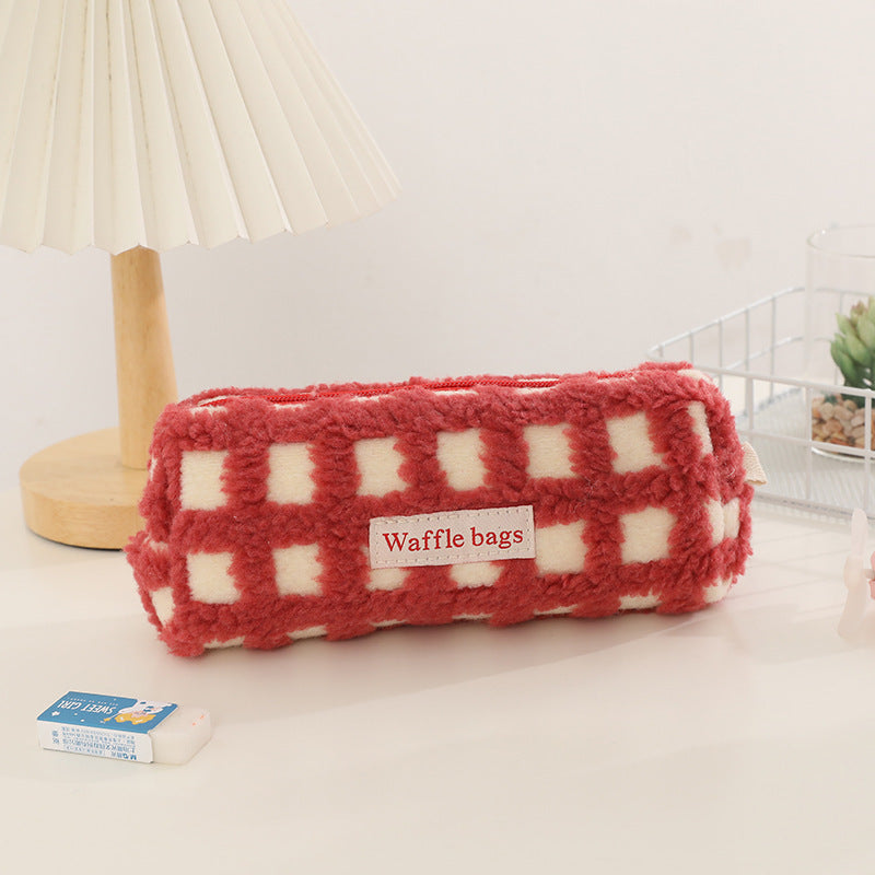 Wholesale Waffle Lamb Plush Checkerboard Pencil Case
