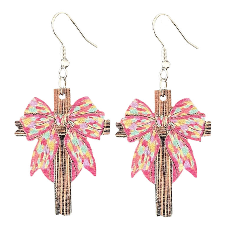 Wholesale 2pairs/pack Easter Wooden Cute Bow Colorful Bunny Cross Carrot Pattern Earrings