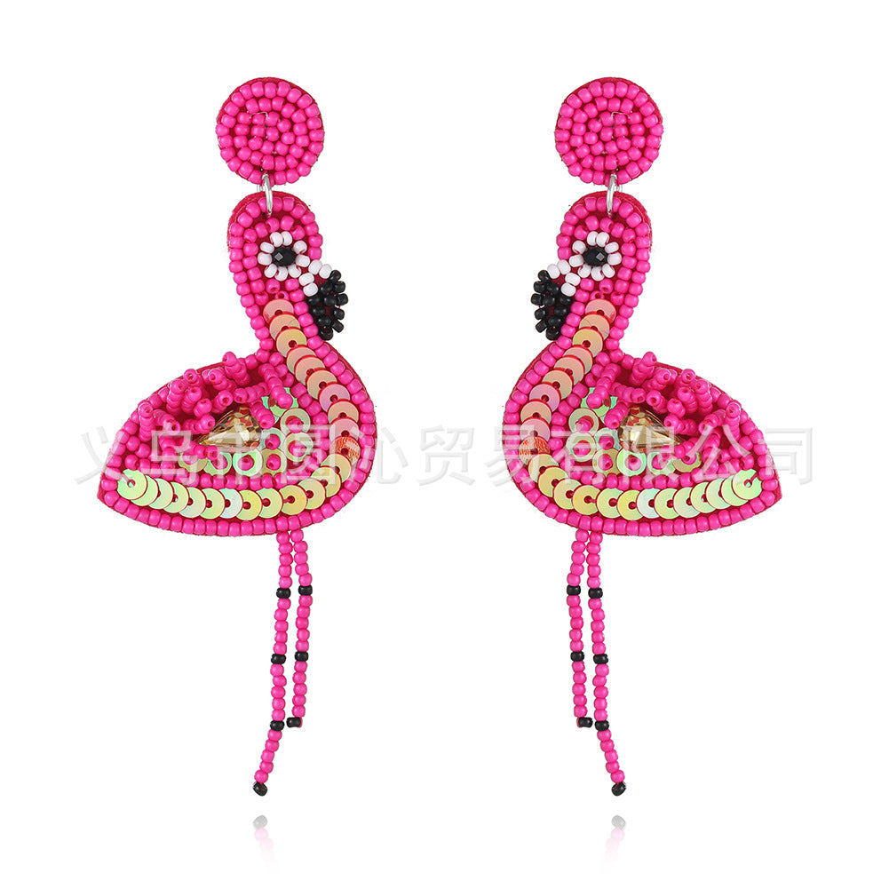 Wholesale Pink Flamingo Fabric Art Rice Beads Handmade Tassel Earrings