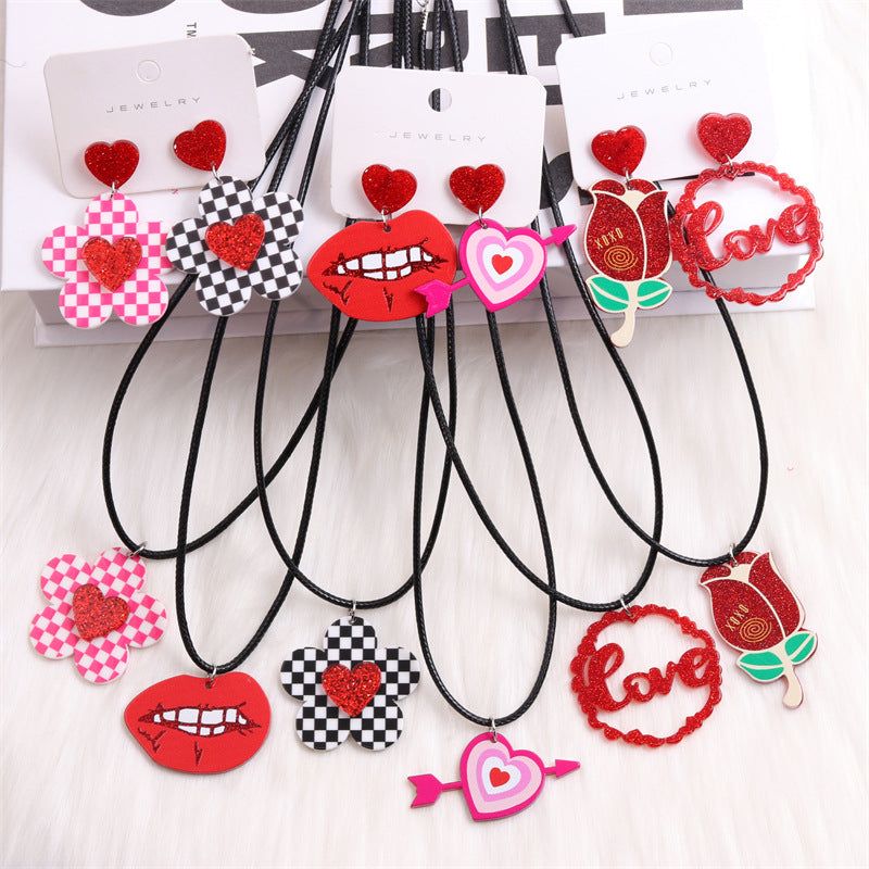 Wholesale Valentine's Day Checkerboard Flower Love Rose Red Lip Acrylic Earrings