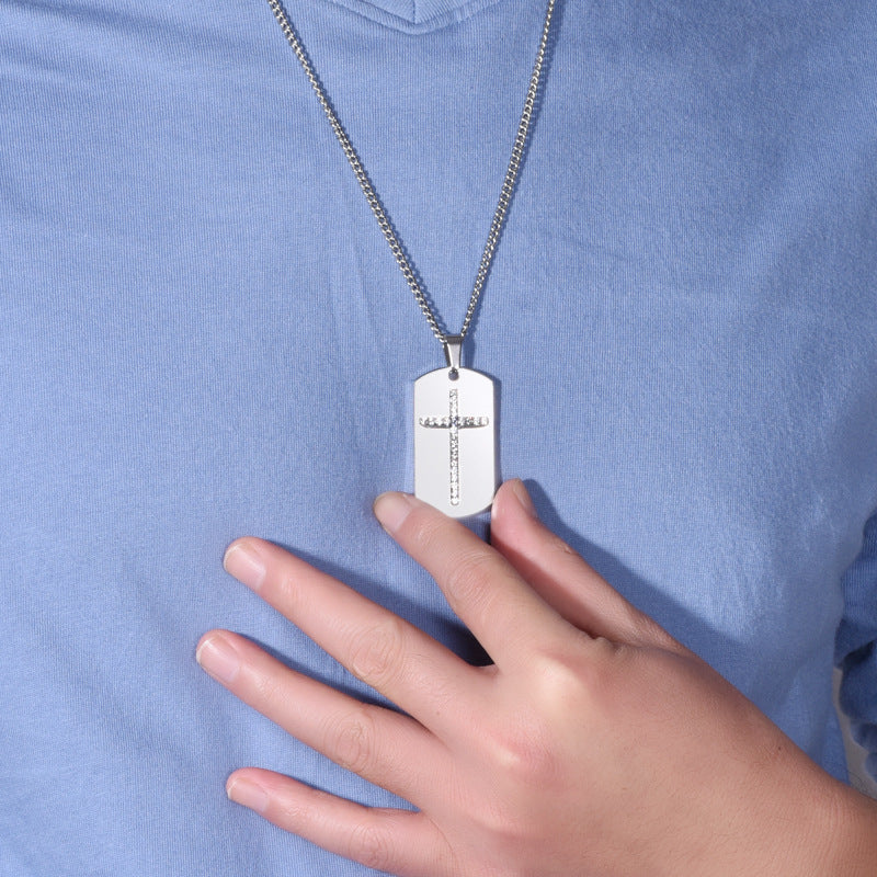 Wholesale Military Brand Crystal Cross Titanium Steel Sweater Chain Pendant Necklaces
