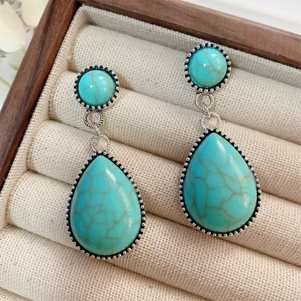 Wholesale Ethnic Style Turquoise Drop Earrings Retro Vintage Zinc Alloy Jewelry Gift