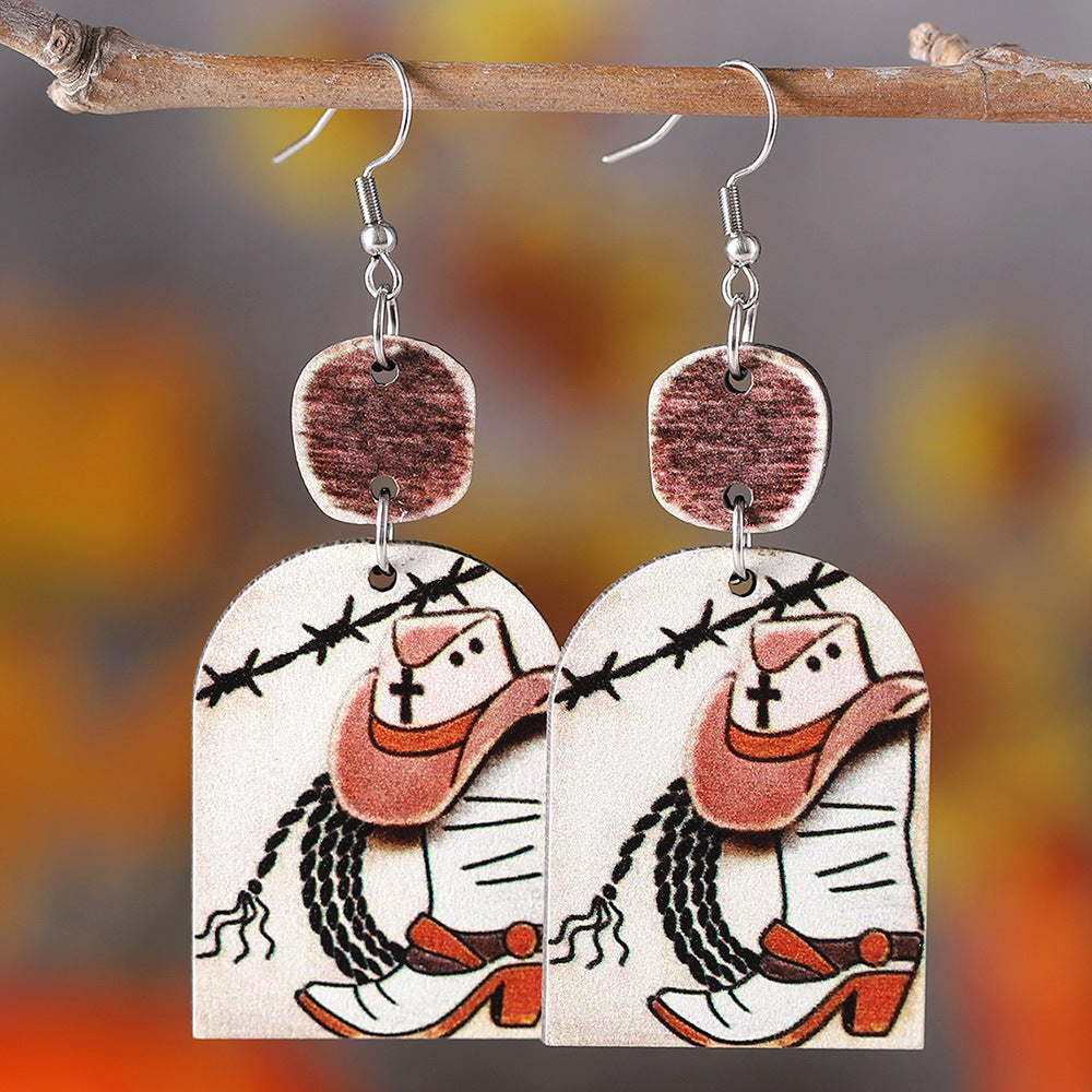 Wholesale Western cowboy cartoon ing double-sided wooden earrings