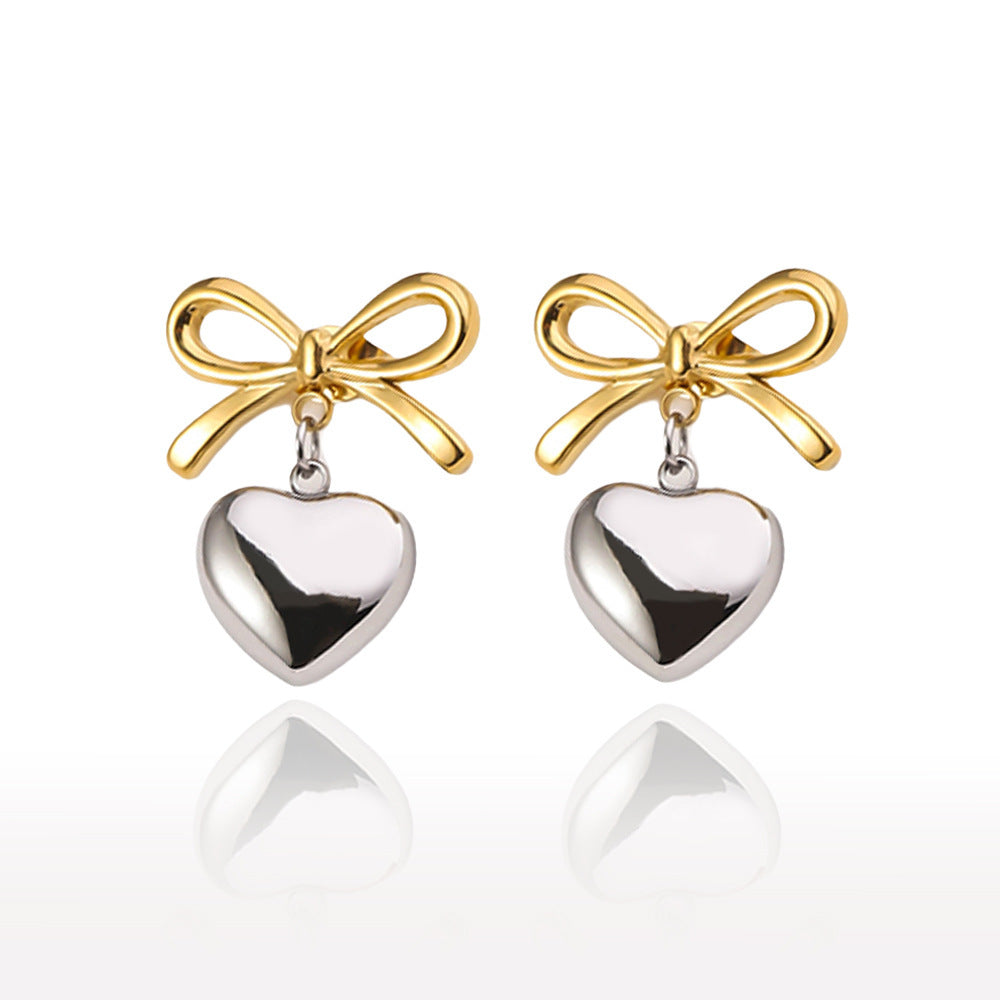 Wholesale Light Luxury Retro Stainless Steel Plated 18k Gold Bow Titanium Steel Heart Earrings