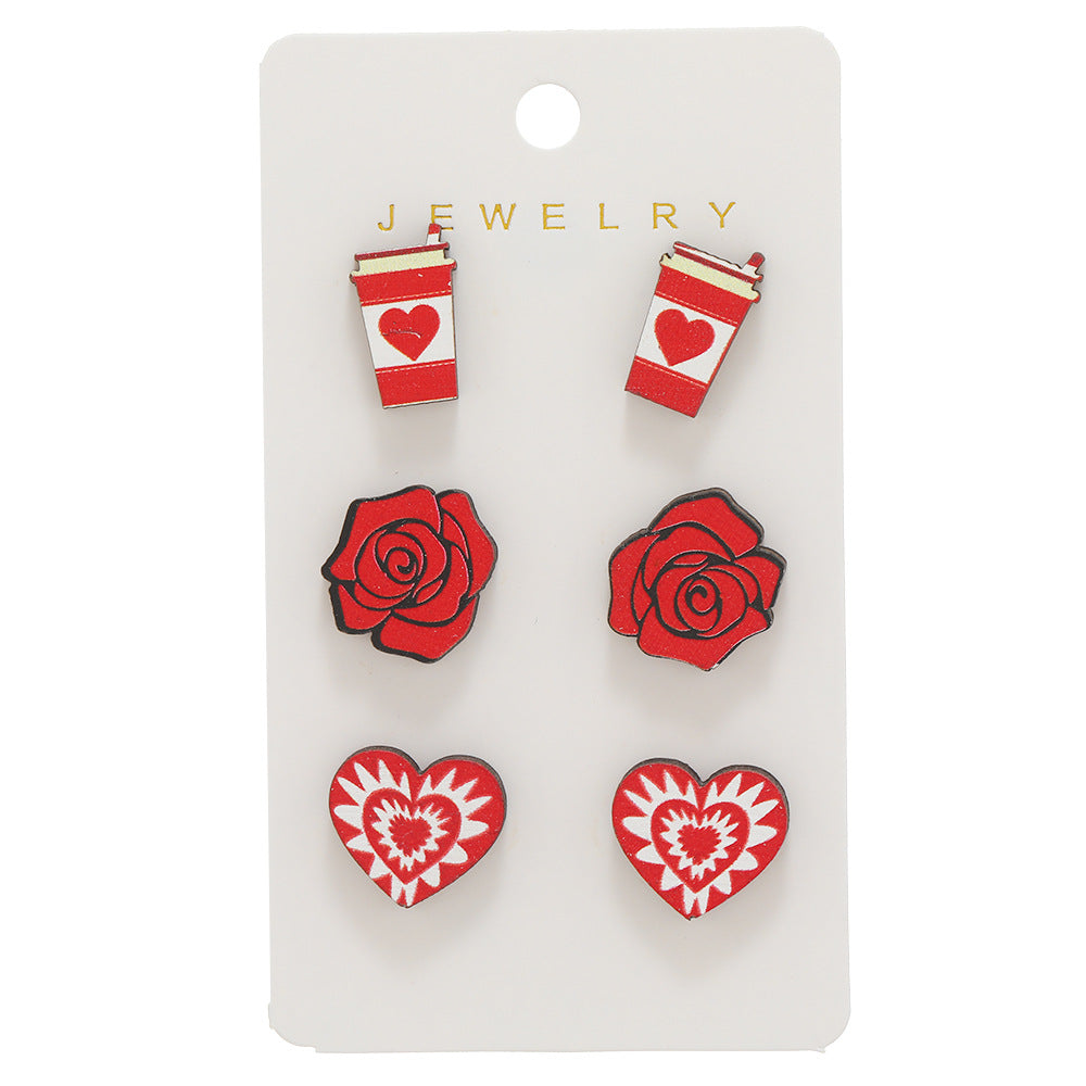 Wholesale Valentine's Day Love Rose Set Wooden Earrings