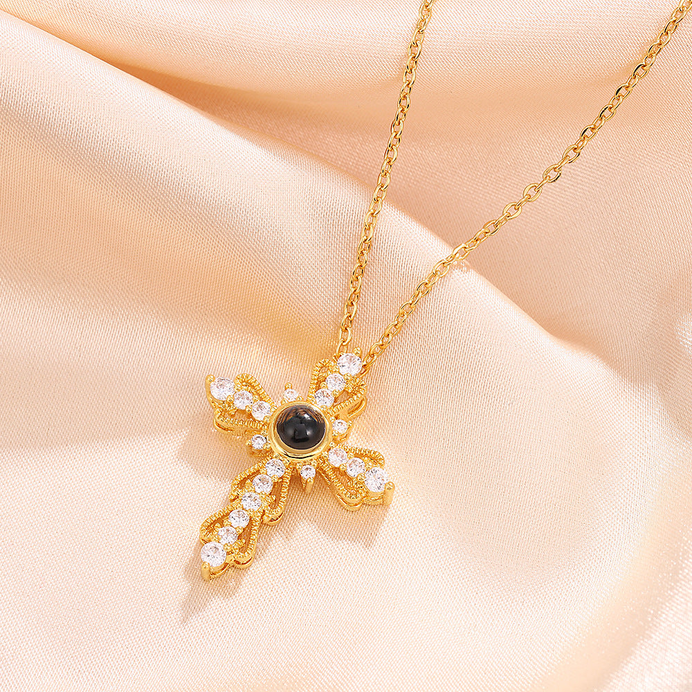 Wholesale Swan Cross Hundred Languages Projection Titanium Steel Necklace