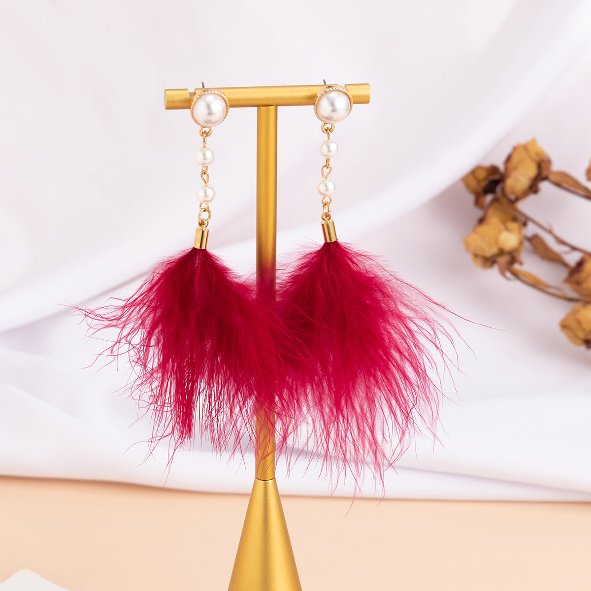 Wholesale Temperament Feather Tassel Imitation Pearl Earrings