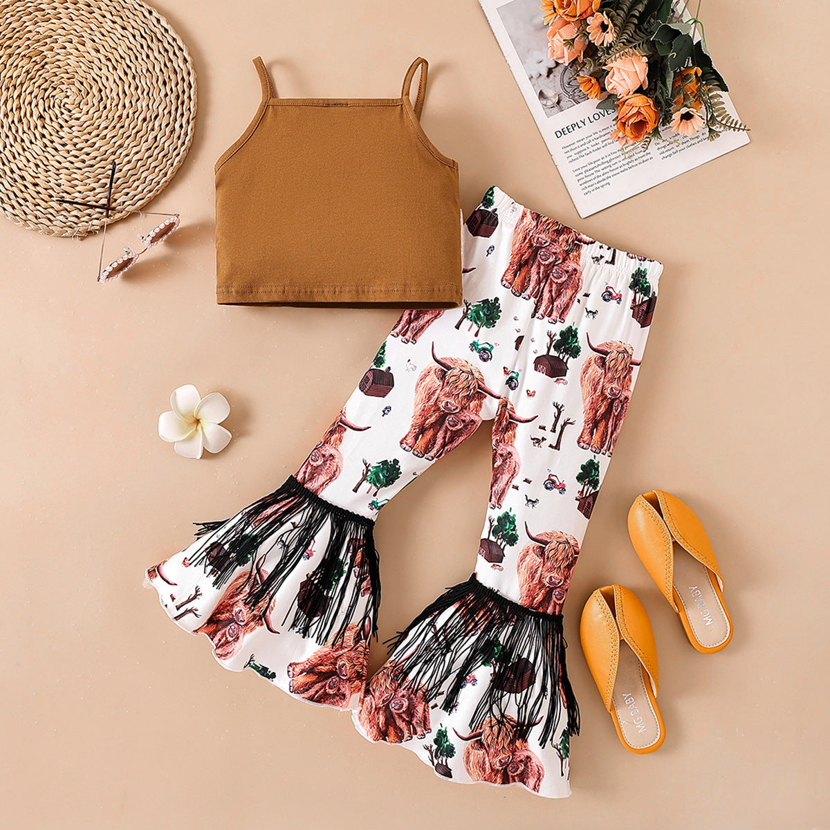 Wholesale Polyester Clothes Letter Suspenders Flared Pants Fashionable Two Piece Set