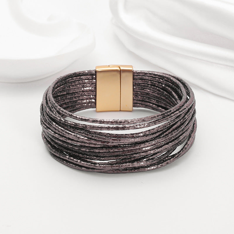 Wholesale Bohemian Imitation Gold Wire Magnetic Clasp Leather Bracelet