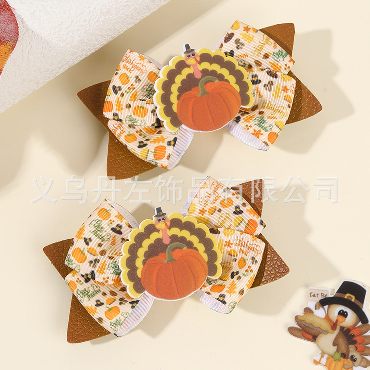 Wholesale 10pcs/pack Thanksgiving Children' s Bow Hairpin Point Small Turkey Accessories Headwear Rowan Ribbon