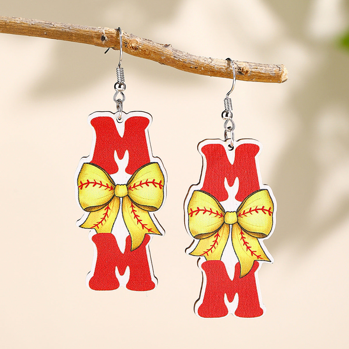 Wholesale Mother' s Day Wooden Earrings Sports Baseball Shiny Earrings Bow Jewelry