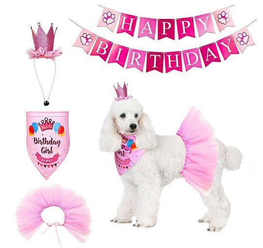 Wholesale Pet Dog Birthday Party Tulle Skirt Bone Necklace Crown Set