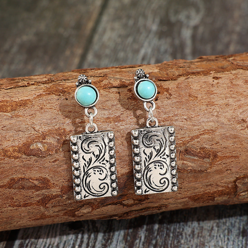 Wholesale Vintage Bohemian Western Turquoise Drop Earrings For Women Alloy Geometric Earrings Fashion Jewelry Accessory Gift