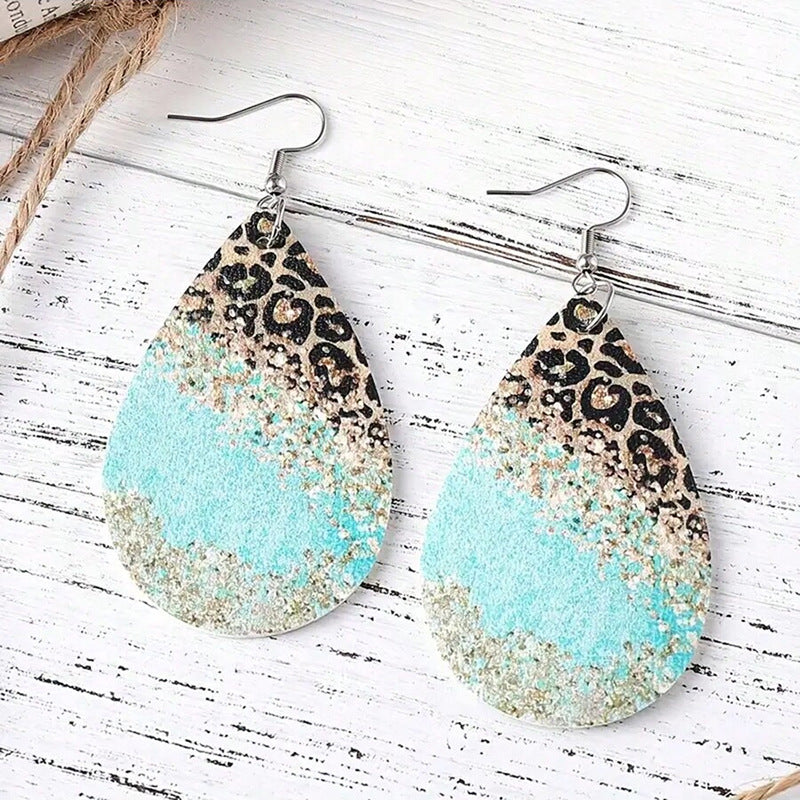 Wholesale Western Style Leopard Print PU Leather Earrings For Women Double Sided Waterdrop Wave Design Fashion Accessory Gift
