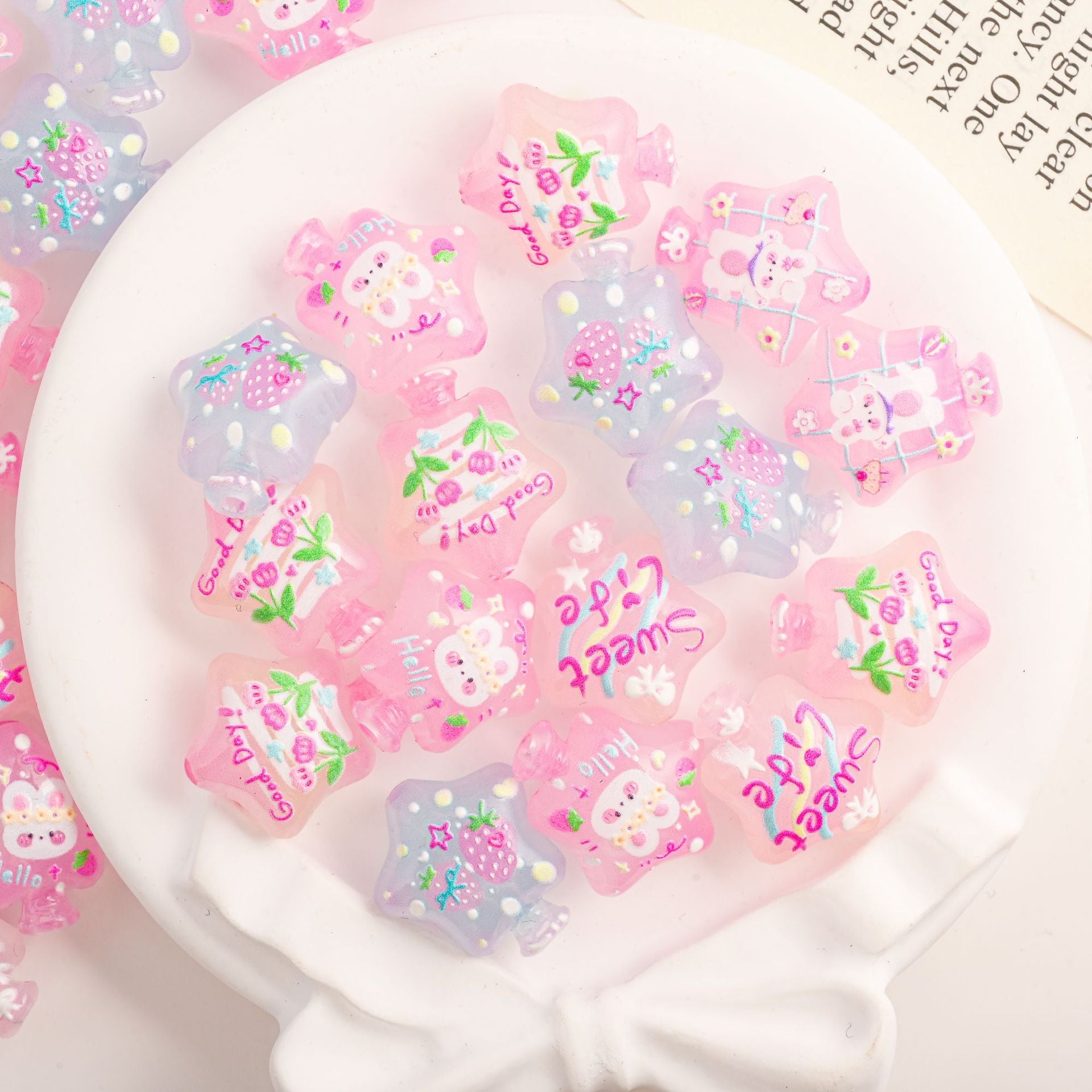 Wholesale 10pcs Cute cartoon star printed beads with straight holes OLY Exclusive