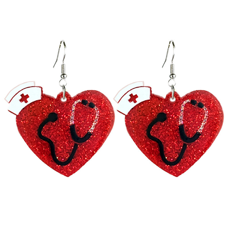 Wholesale Doctor Nurses Day Acrylic Pink Heart Nurses Clothing Stethoscope Fun Earrings