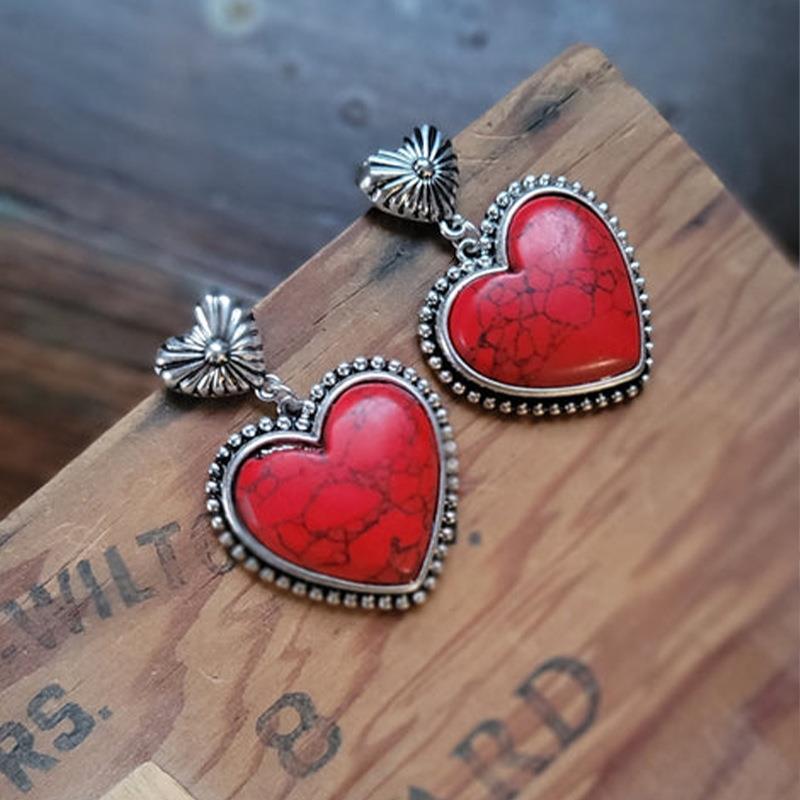 Wholesale Western Style Heart Red Turquoise Earrings