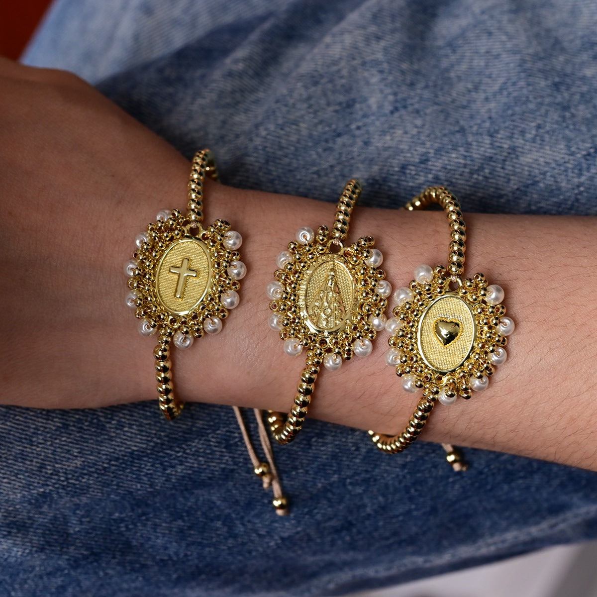 Wholesale Gold plated copper bead pearl adjustable drawstring layered bracelet