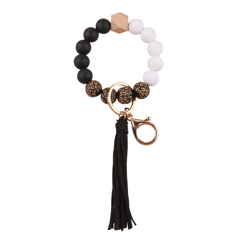 Wholesale European Style Silicone Wood Bead Keychain With Leather Tassel DIY Bracelet Making Kit Fashion Gift For Wedding Party Resale Accessory
