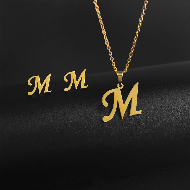 Wholesale Stainless Steel 26 Letter Necklace Earrings Two Piece Set