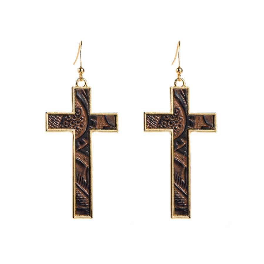 Wholesale Bohemian Gold Plated Leopard Leather Cross Earrings