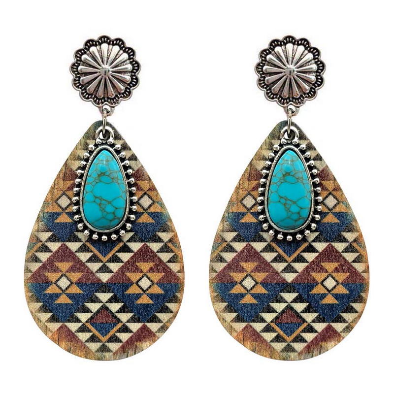 Wholesale Ethnic Turquoise Western Style Aztec Leather Drop Earrings