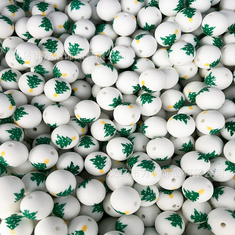 Wholesale 50pcs DIY Christmas Snowman Christmas Tree Printing 15mm Silicone Beads