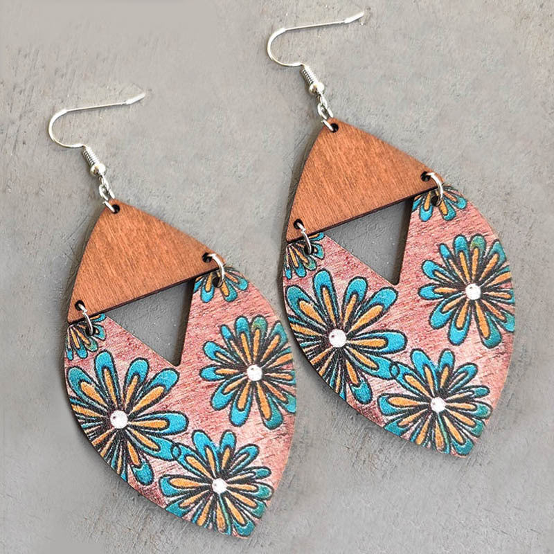 Wholesale 2 Pairs/pack Bohemian Western Style Sunflower Striped Floral Wooden Earrings