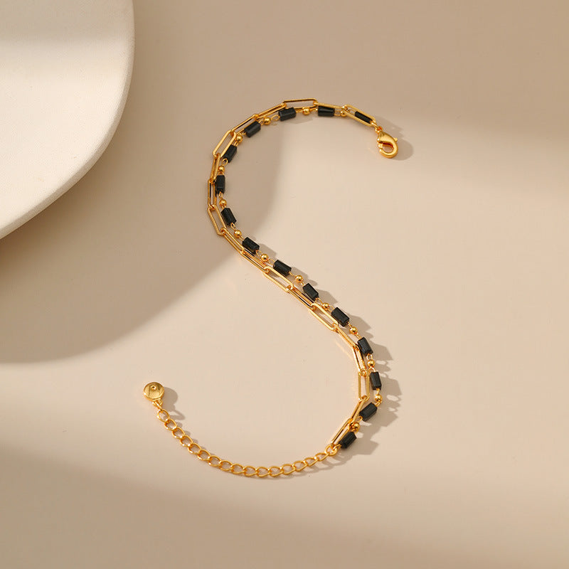 Wholesale Paper Clip Chain Black Glass Diamond Multi-layer Copper Plated 18K Real Gold Bracelet