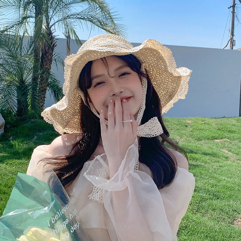 Wholesale Summer Straw Hat Lace Hollow Straw Hat Lace Visor