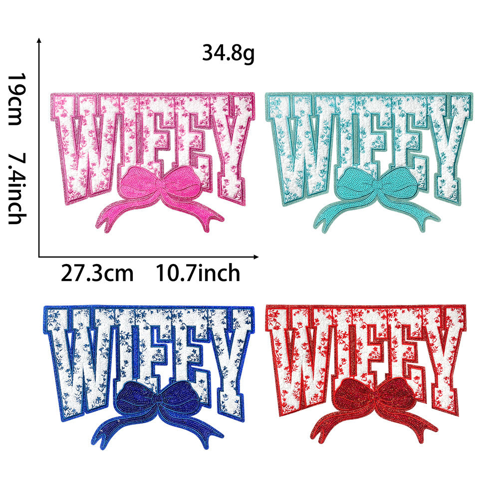 Wholesale Large Sequin Embroidered Patch Blue Wifey Motif DIY Embroidery Accessory For Coat And Bag Decoration