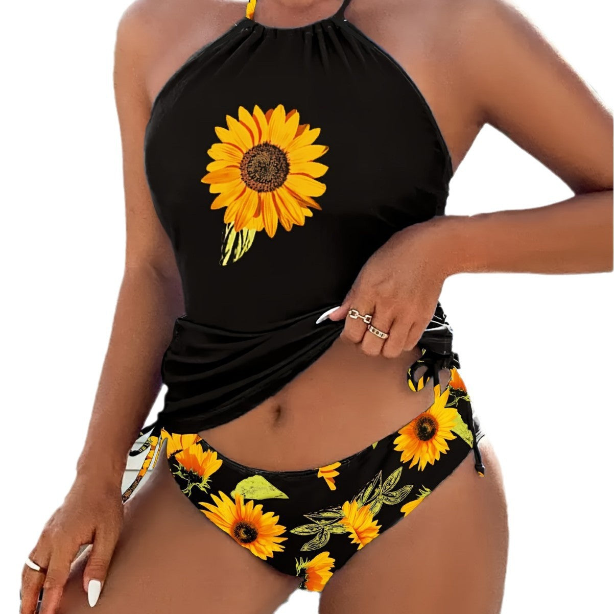 Wholesale Halter neck two-piece drawstring sunflower print swimsuit