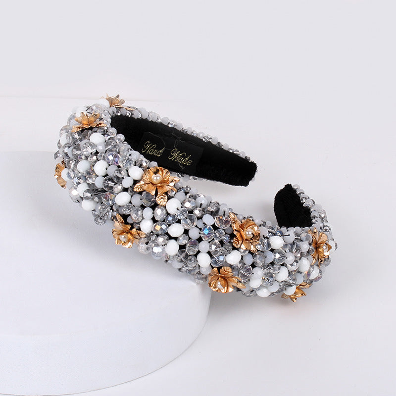 Wholesale 10Pcs Heavy Industry Crystal Beaded Retro Baroque Thick Sponge Wide Brim Pressed Headband