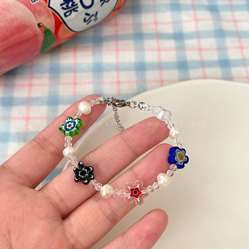 Wholesale Color Glass Flower Freshwater Pearl Bracelet