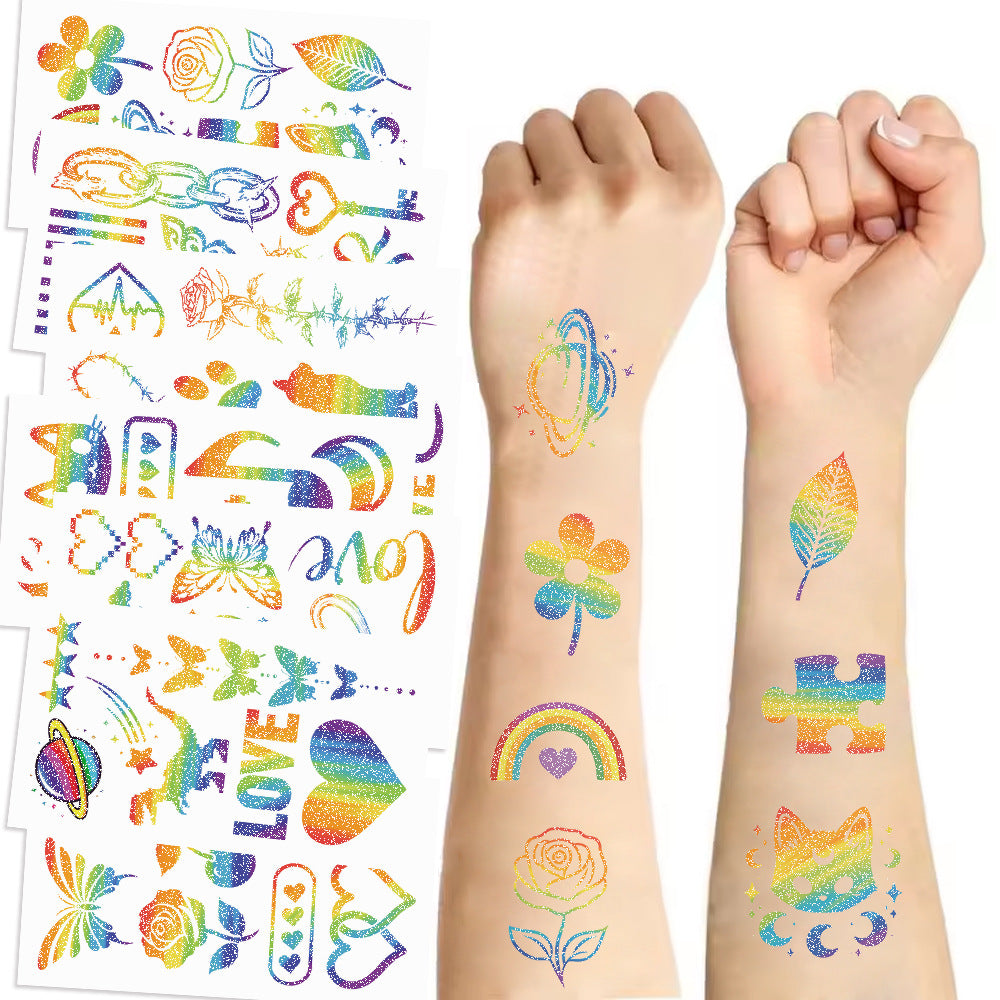 Wholesale 10PCS/PACK New Cartoon Colorful Rainbow Series Glitter Tattoo Stickers Waterproof Party Party Gift Funny Fun Face Stickers