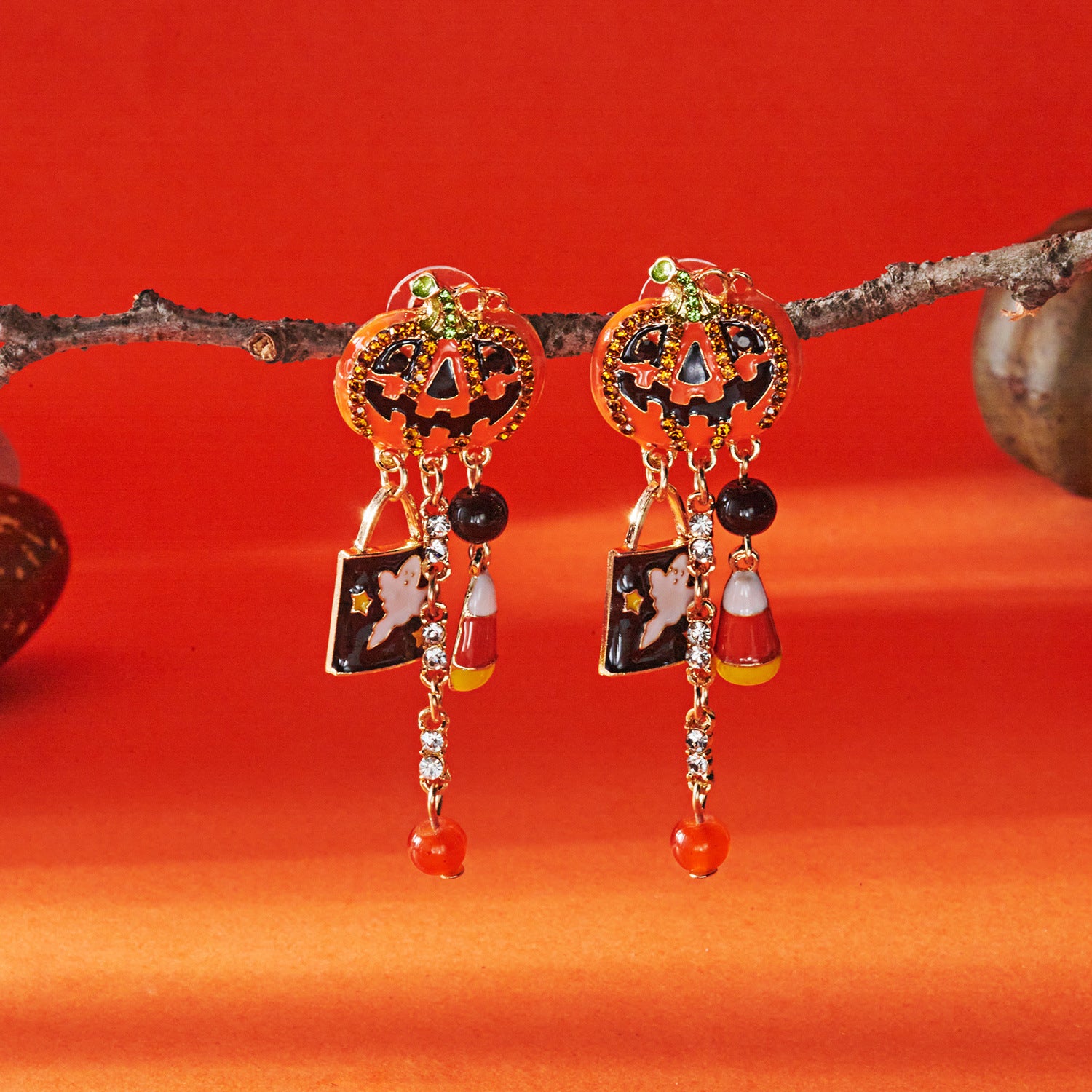 Wholesale Oil-dripped diamond pumpkin earrings  tassel earrings