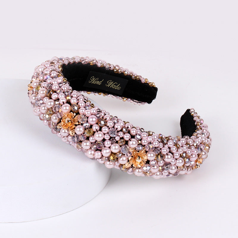 Wholesale 10Pcs Heavy Industry Crystal Beaded Retro Baroque Thick Sponge Wide Brim Pressed Headband