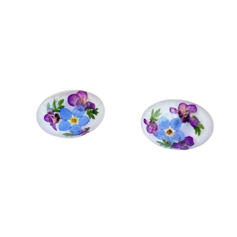 Wholesale 6pcs Forget-me-not Dried Flower Resin Oval Earrings