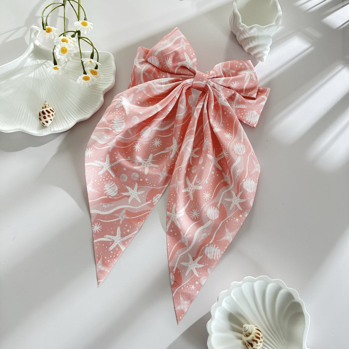 Wholesale Summer beach hair clip with starfish and seashell print  long ribbon bow