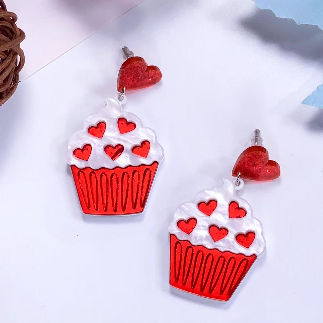 Wholesale  Cake Blingbling Heart Earrings Acrylic Splicing Red Peach Heart Mirror Earrings