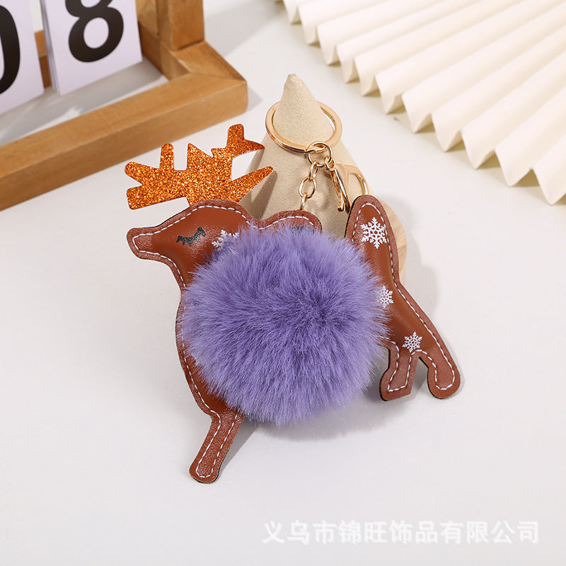 Wholesale Christmas Leather Elk Santa Claus Fur Ball Keychain