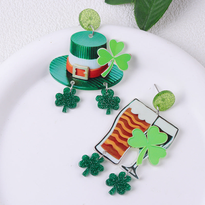 Wholesale St.  Patrick' s  Green AB Beer Acrylic  Clover Earrings