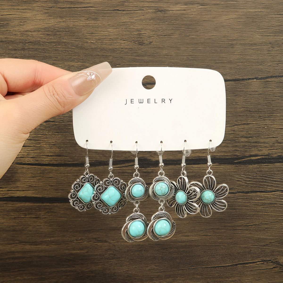 Wholesale Retro Ethnic Geometric Turquoise Tassel Earrings Antique Silver Finish Trendy Jewelry Accessory For Gift And Boutique Resale