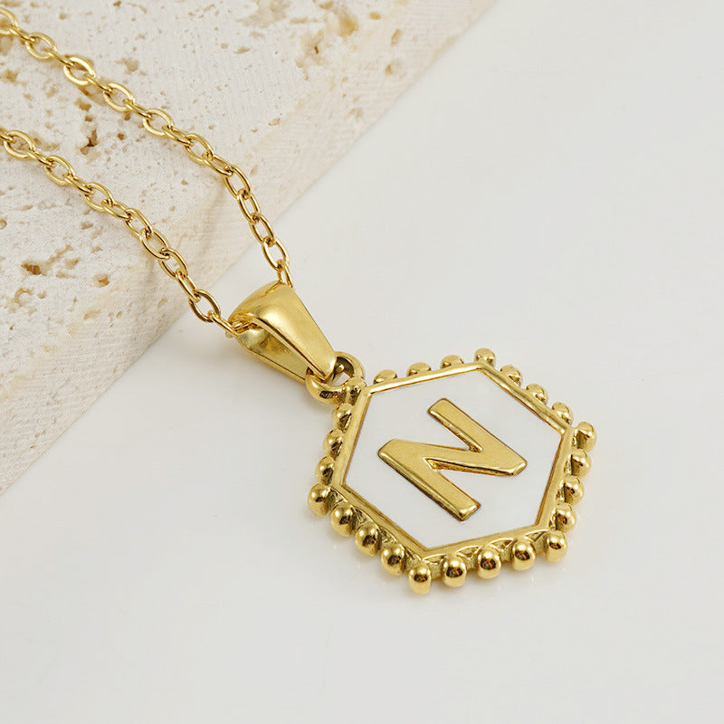 Wholesale Stainless Steel Plated Hexagonal Natural Shell Letter Pendant 18K Necklace
